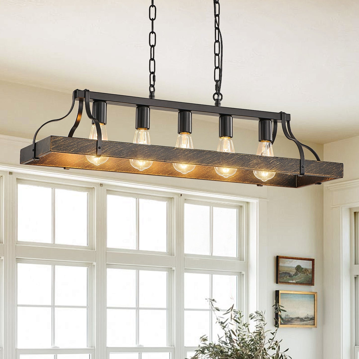 34-Inch Black Gold Vintage Pendant Light, 5 E26 Bulb Sockets, Adjustable Chain Height Antique Style Chandelier For Dining Room, Kitchen, Or Living Room Bulb Not Included