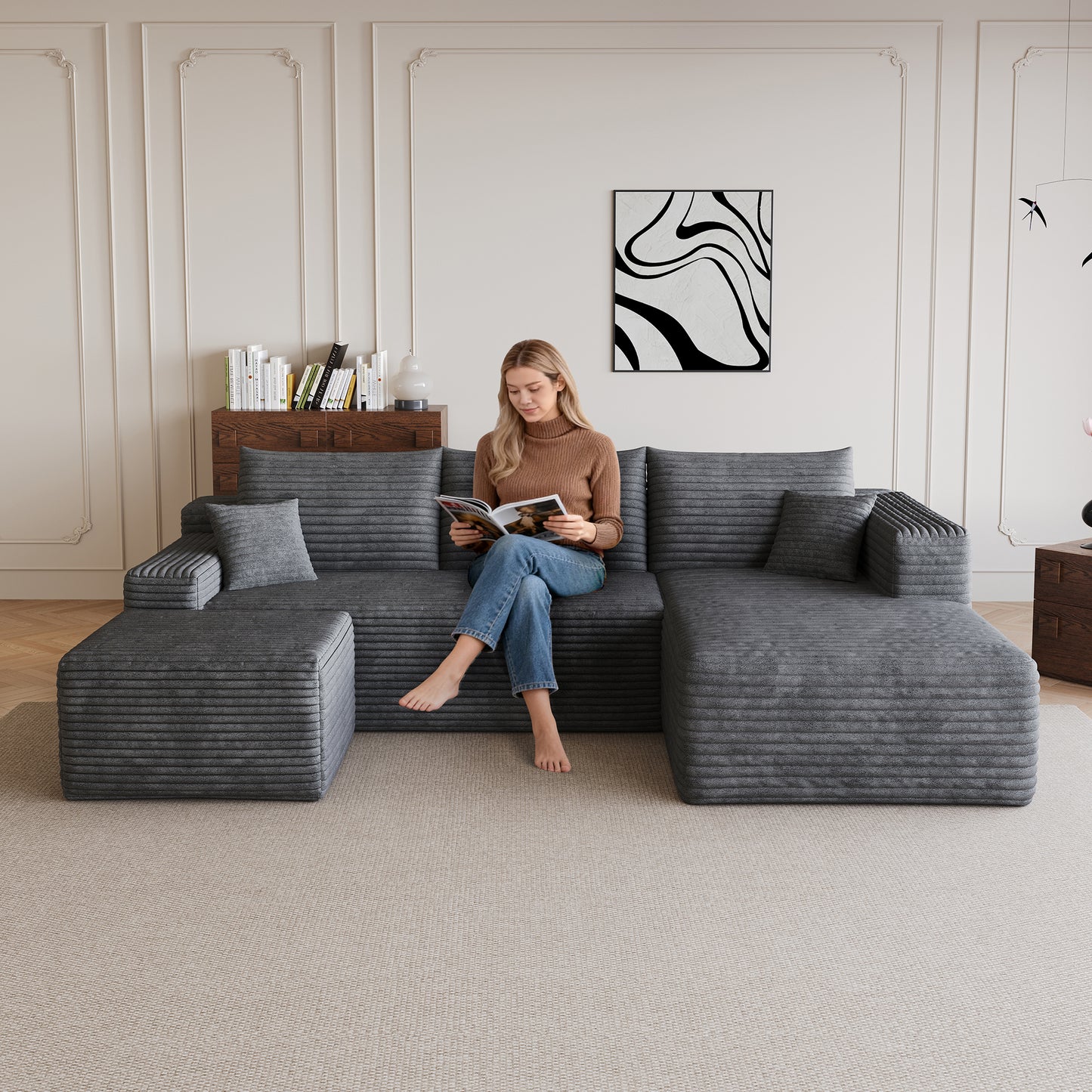 95 Cloud Sectional Sofa With 1 Ottoman,Modern Minimalist Upholstered Couches, Comfort U Shaped Sofa For Living Room,Deep Seat Corner Couch,No Assembly Required,Dark Grey Plush Corduroy Fabric
