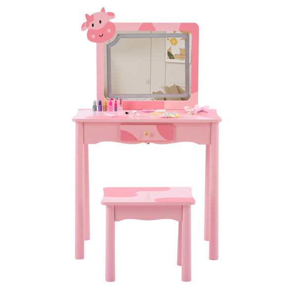 Pink MDF - Solid Wood Legs, Spray Paint - Silkscreen Printing, Cow Pattern, 1-drawer Children's Dressing Table Set, LED Three-color Backlit Touch Switch