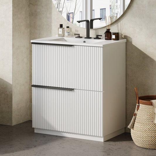 30 Bathroom Vanity With Ceramic Sink And Full-Extension Drawers, Freestanding Bathroom Vanity With Soft Close Drawer Slides, Fluted Design, White