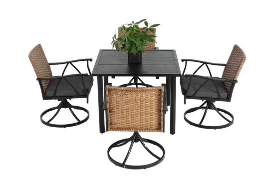 5 Piece Patio Dining Set For 4,Outdoor Wicker Furniture Set For Backyard Garden Deck Poolside With 4 Cushions Swivel Rocker Chairs,steel Table Top, Removable Cushions