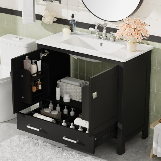36 Black Bathroom Vanity With Ceramic Sink, Soft-Close Doors, Double Storage Shelves & Divided Drawer Modern Bathroom Cabinet With Ample Storage