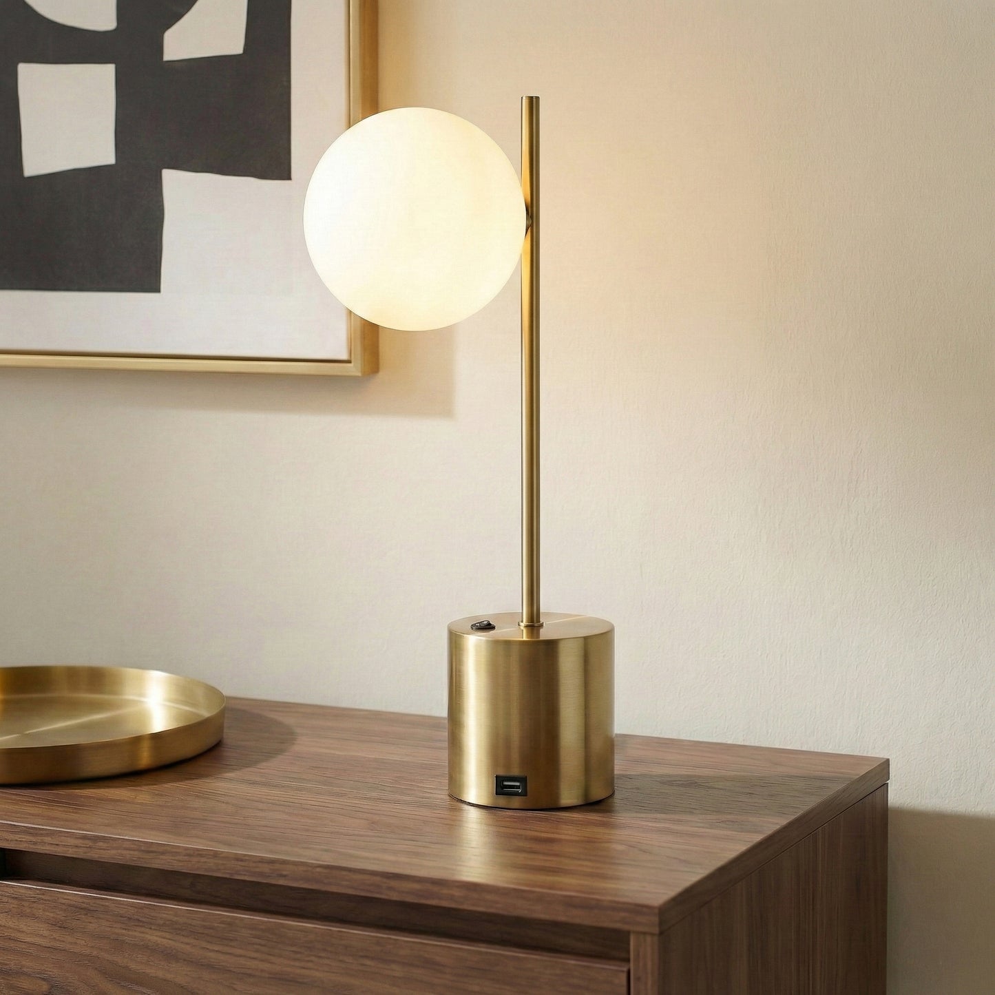 Ethereal Modern Small Brass Metal Table Lamp With White Glass Globe Shade, Elegant Desk Lamp Fixture 22 H X 9.3 W X 5.8 D For Living Room, Desk Lamps For Office Reading