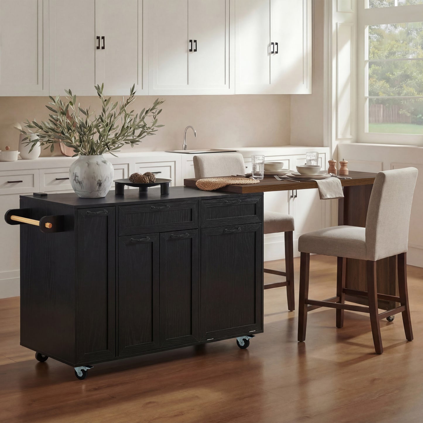 K&K 102.3 Kitchen Island With Extendable Dining Table, Kitchen Rolling Island Cart With Trash Storage Cabinet, 3 Tier Pull Out Spice Rack, Mobile Island Table On Wheels For Kitchen, Dining Room,Black