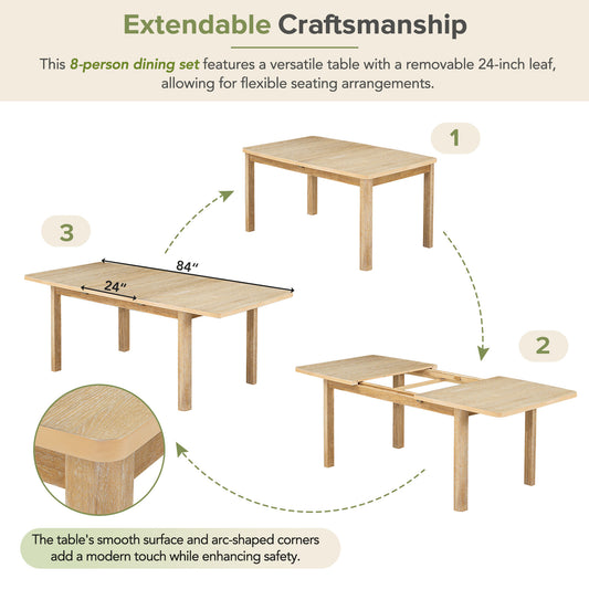 TOPMAX Rustic Extendable 84inch Dining Table Set With 24inch Removable Leaf , 6 Upholstered Armless Dining Chairs And 2 Padded Arm Chairs, 9 Pieces, Natural