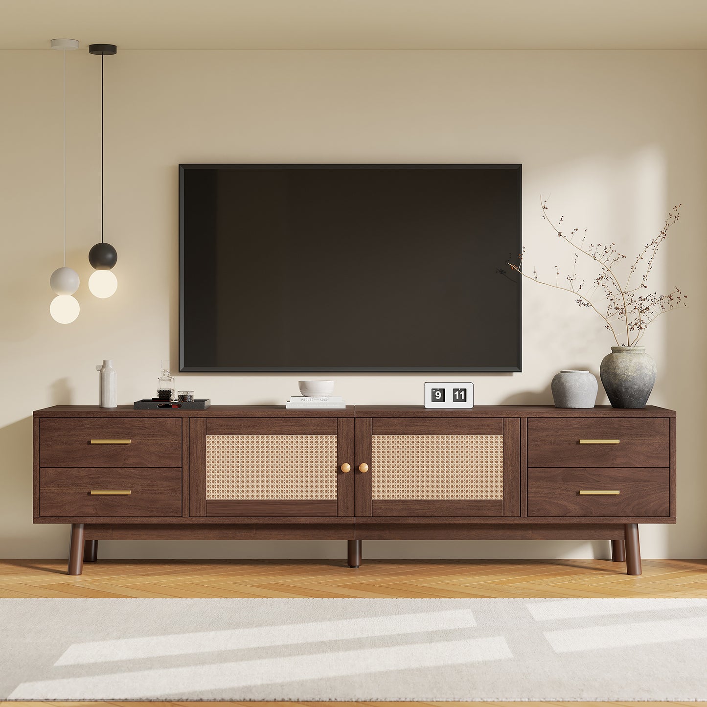70inch Modern TV Stand With Rattan Doors For TVs Up To 80 , Media Console With Storage Space, 4 Drawers & Cable Holes, Entertainment Center For Living Room