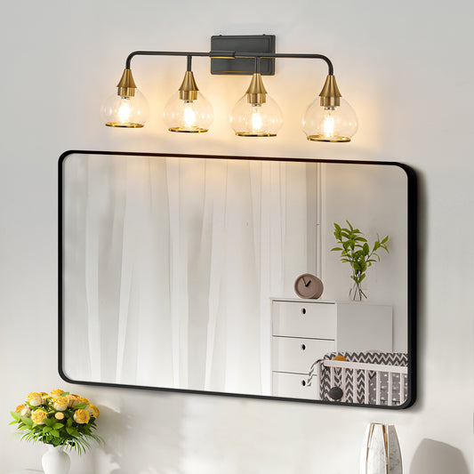 31 Modern 4-Light Vanity Wall Sconce - Black And Gold Bathroom Light Fixture With Clear Glass Shades, Industrial Wall Mounted Lamp For Mirror, Vanity, And Living Spaces Bulb Not Included