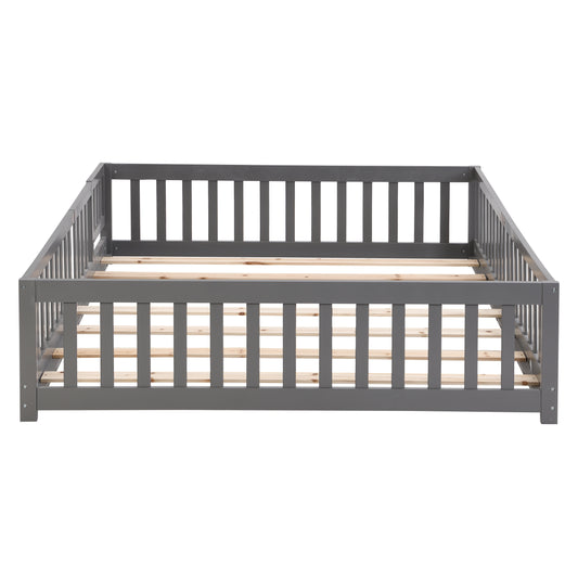 Full Size Floor Bed With Door,Solid Wood Platform Bed Frame With Fence,Suitable For Children,Pine Wood,Gray