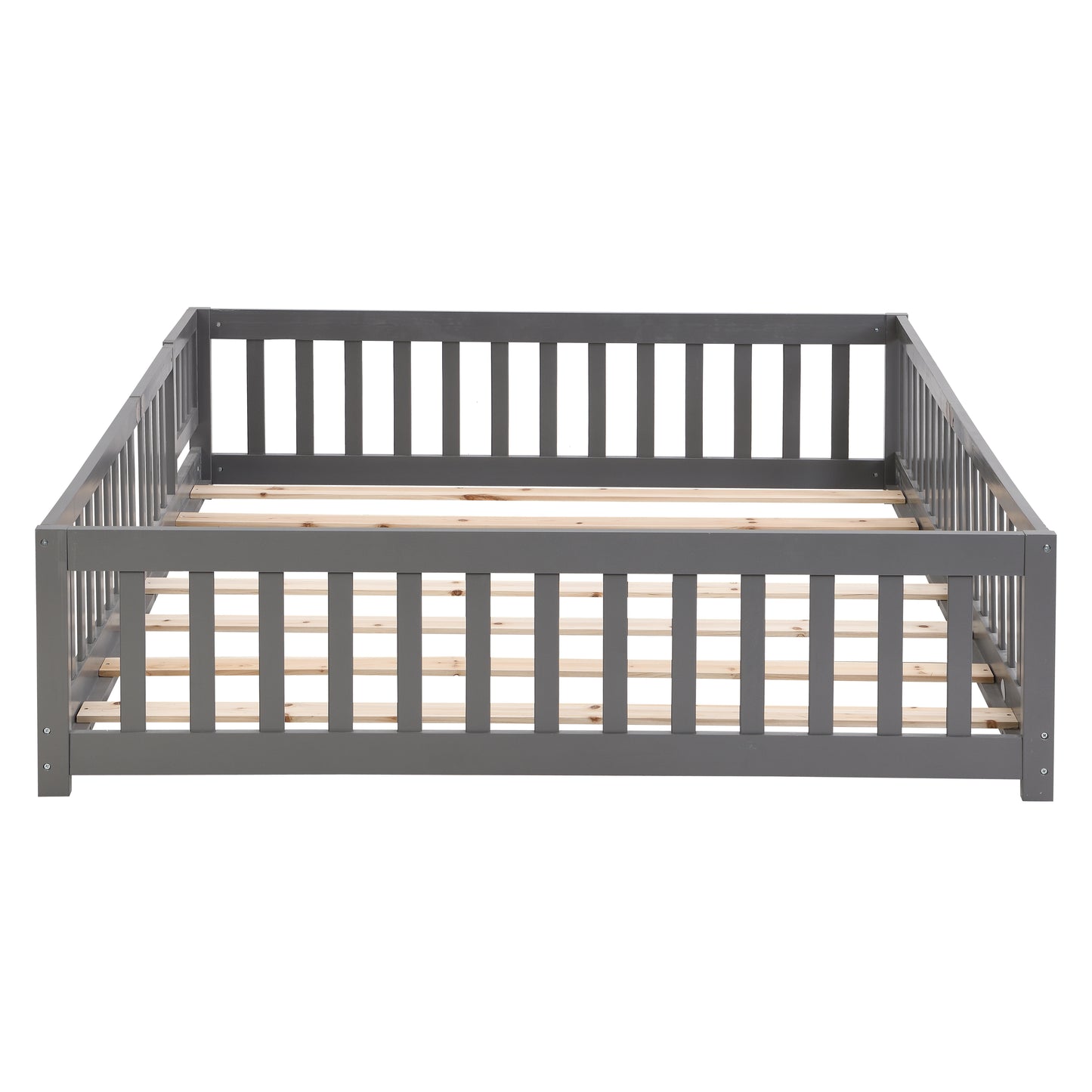 Full Size Floor Bed With Door,Solid Wood Platform Bed Frame With Fence,Suitable For Children,Pine Wood,Gray