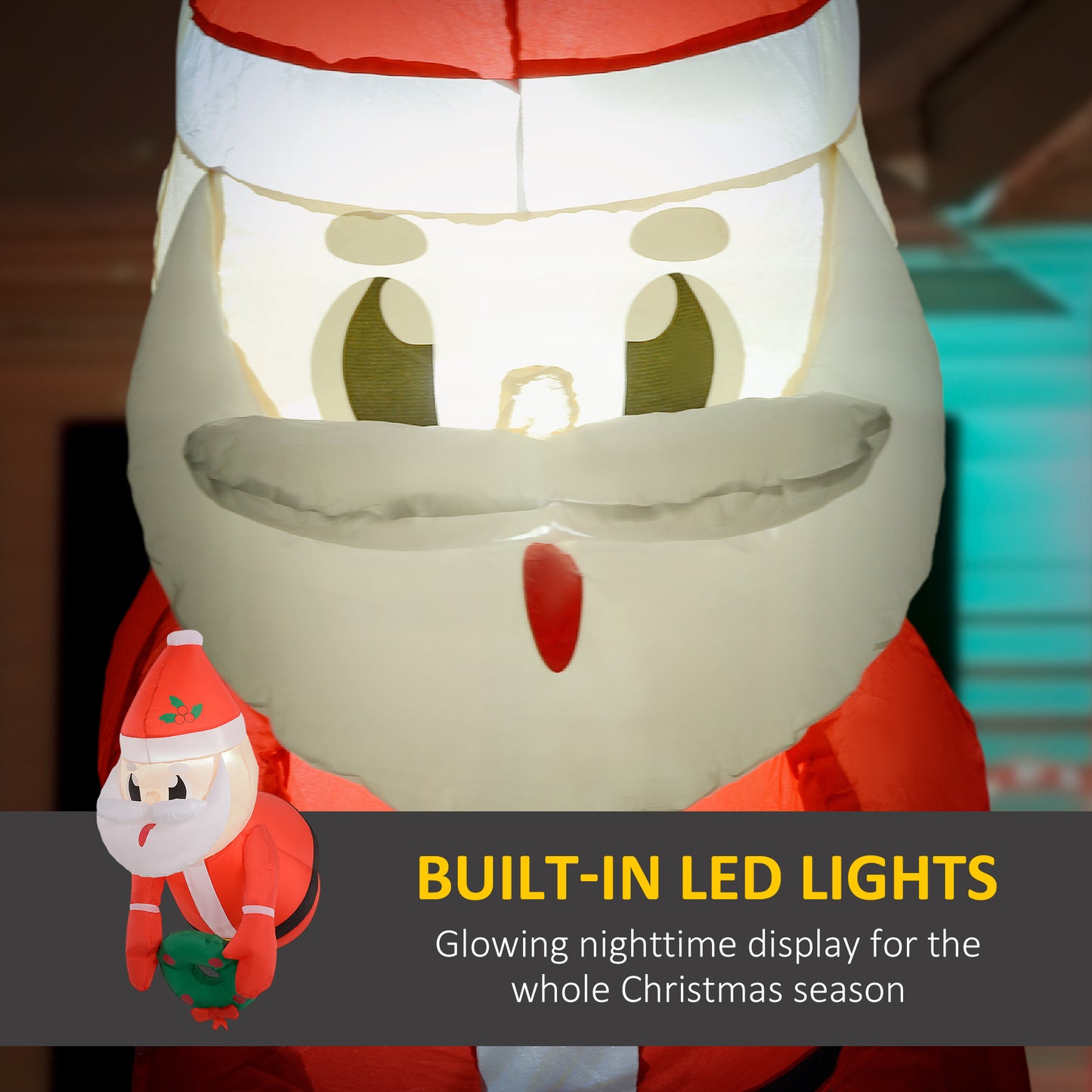 3.4' Inflatable Santa Claus Holding Wreath W/ LED Lights, Blow-Up Outdoor Hanging Display For Garden Party