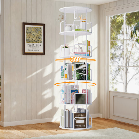 Rotating Bookshelf Tower 5 Tier Spinning Bookcase Revolving 360 Book Shelf Narrow Tall Bookcase Vertical Turning Round Storage Bookshelf Book Shelf Organizer For Bedroom Living Room White