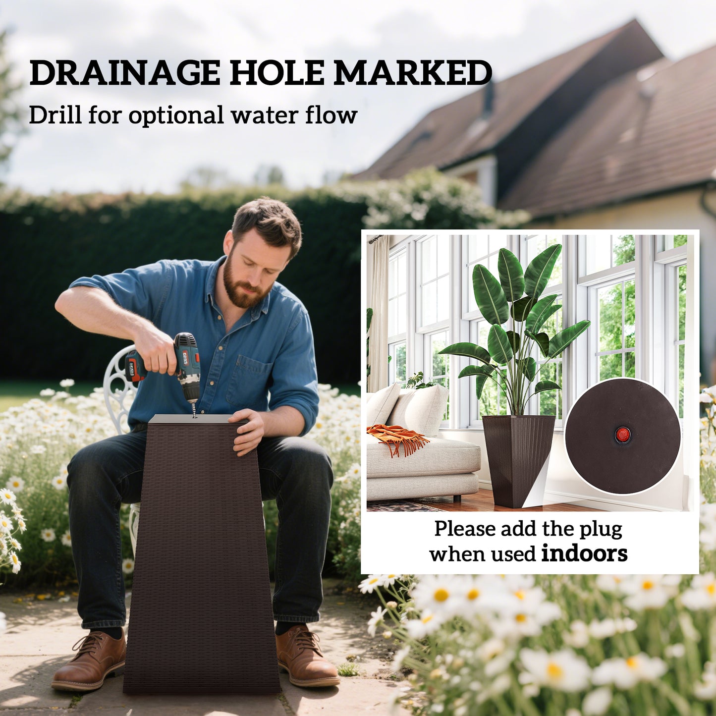 Set Of 3 Tall Planters With Drainage Hole, 24" Outdoor Flower Plant Pots, Indoor Planters For Porch, Front Door, Entryway, Patio And Deck, Brown