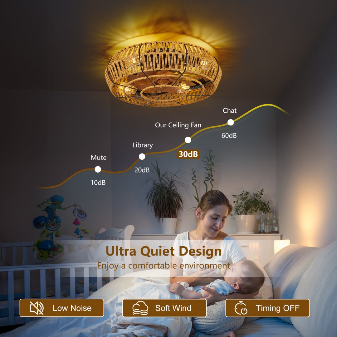 19in Caged Ceiling Fans With Lights And Remote, Boho Flush Mount Ceiling Fan With Light, Low Profile Chandelier 6 Speed Bladeless Reversible Ceiling Fan W 4 Bulbs. For Living Room Bedroom.