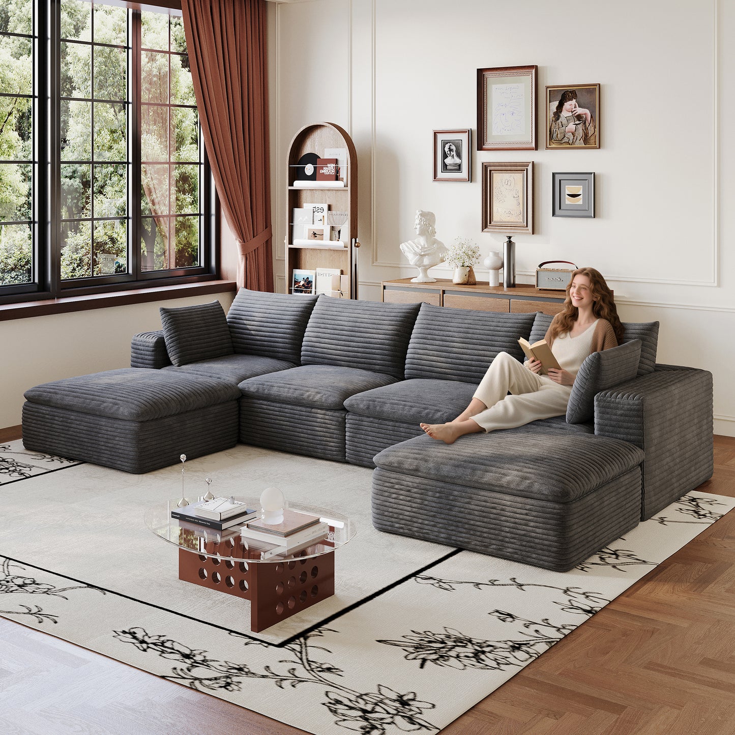 134 Cloud Sofa,Corduroy Fabric,Deep Seat Couches,Double-layer Design,Removable Cushion,No Assembly, DIY Combination For Living Room, Bedroom,Conference Room ,Apartment,Dark Grey