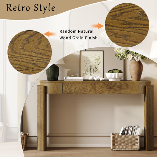 TREXM Entryway Table With Natural Wood Grain Finish Console Table With Fluted Design Oval Top And 2 Drawers For Entryway And Living Room Pine Wood