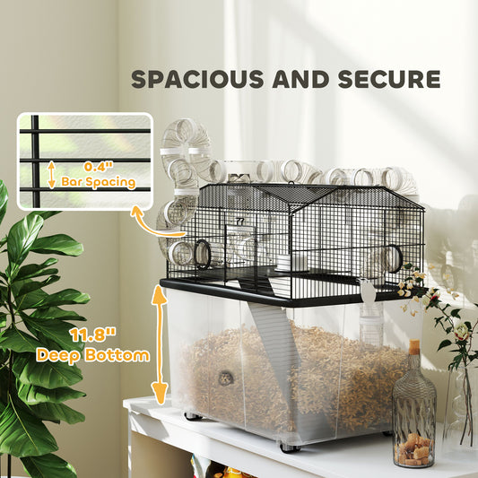 2 Tier Hamster Cage With 12" Deep Tray, Tube System, Water Bottle, Ramp, Feeding Bowl, 23" X 17" X 22", Black