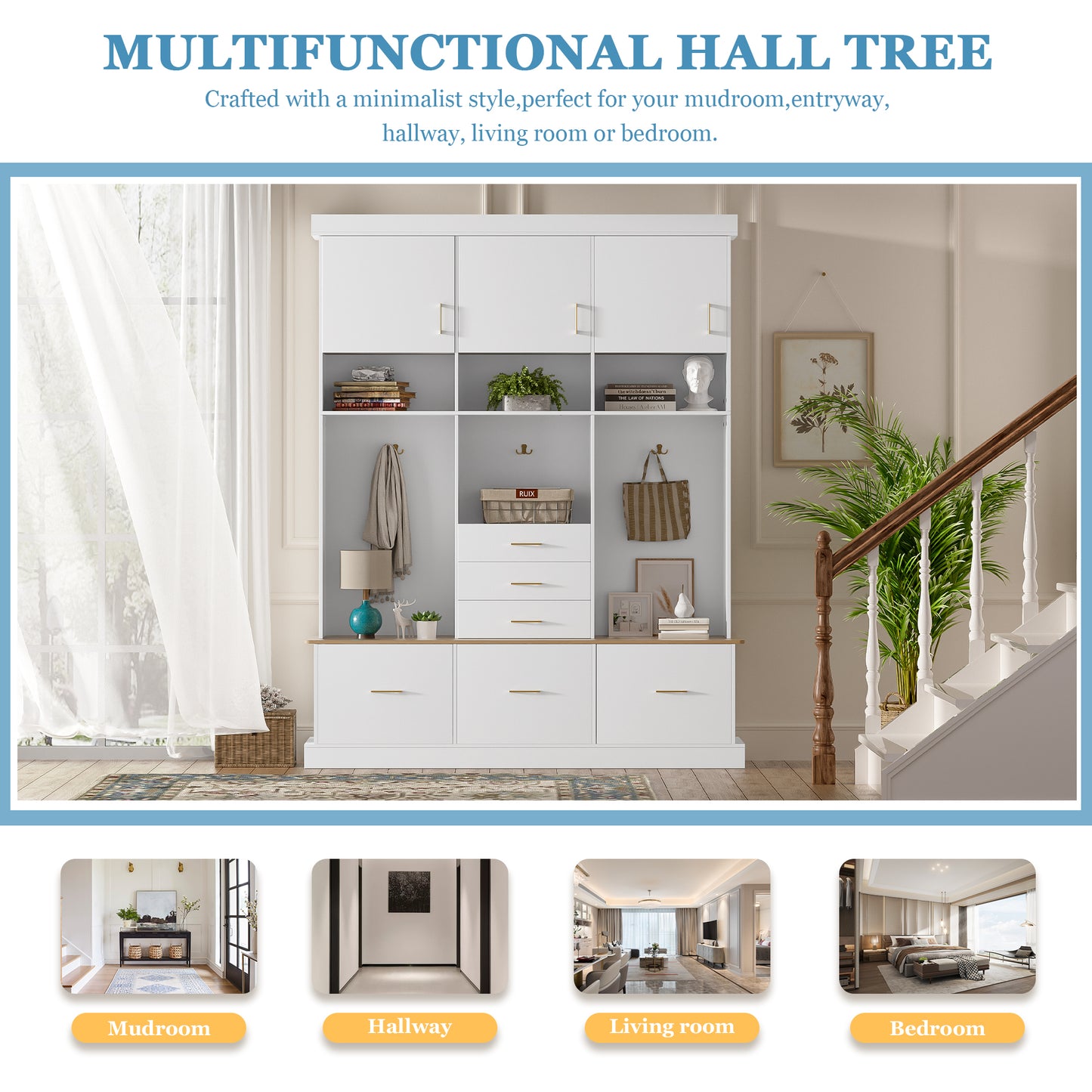 U-Can 75 H Entryway Hall Tree With Bench And Storage, 5-in-1 Modern Hall Tree With Coat Rack, 6 Drawers, 3 Cabinets And 3-Tier Top Storage For Hallway, Entryway, Living Room, Mudroom