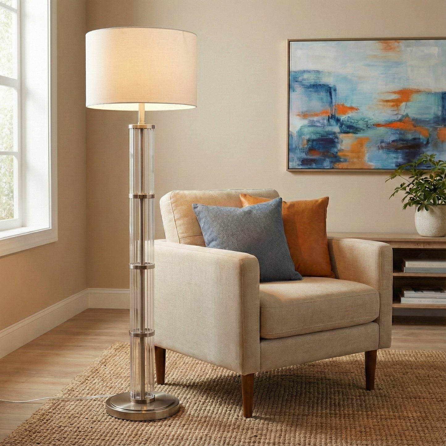 Nimbus Brushed Nickel Floor Lamp With 3-Way Rotary Clear Glass Body Metal Base