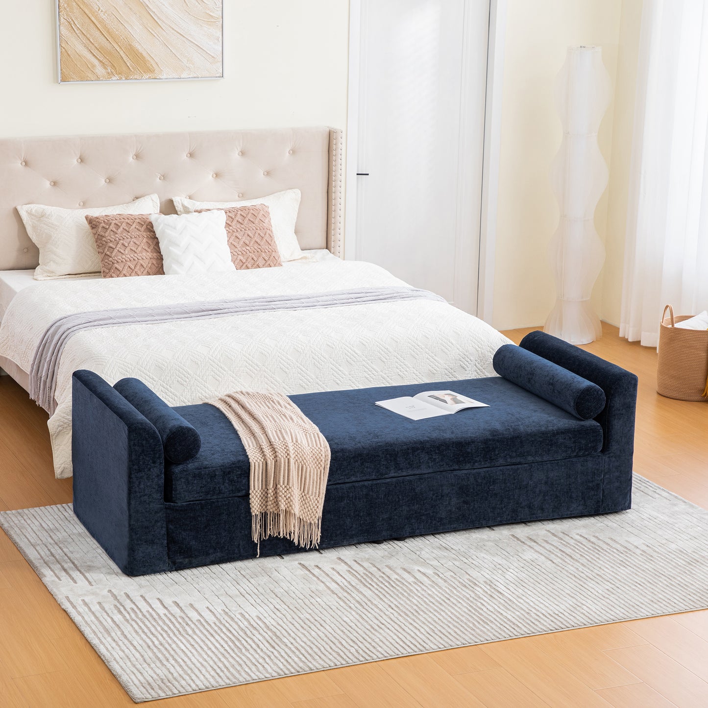 88.58 Wide Modern Bench, Bed End Bench With Armrests,Chenille Chaise Lounge Couch With 2 Bolster Pillows, Suitable For Living Rooms, Entryways, Dormitories, And Bedrooms.Navy