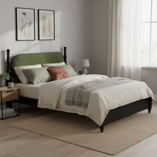 Queen Bed Frame, Solid Wood Platform With Slats, Green & Black Upholstered Headboard, Modern No Box Spring Needed