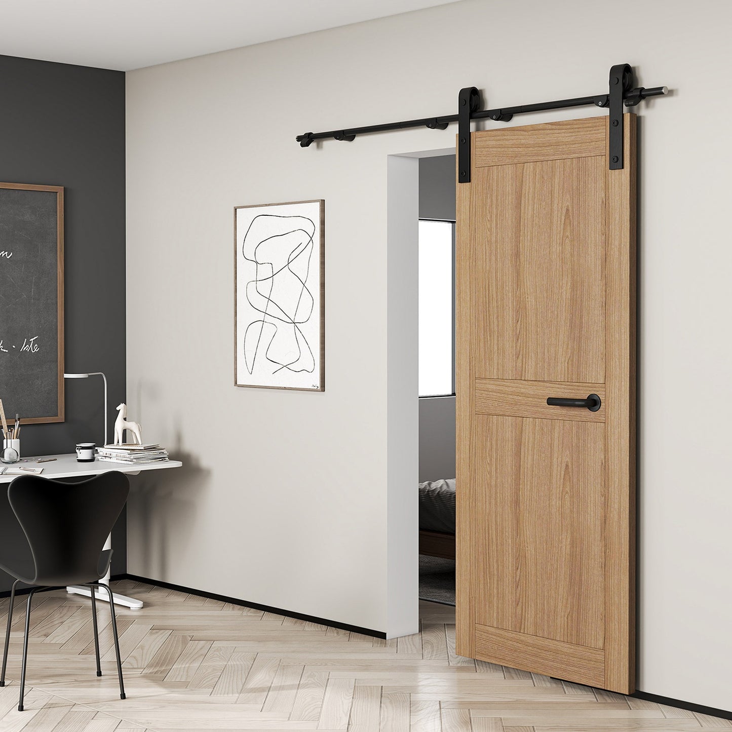 6.6FT Sliding Barn Door Hardware Kit Smoothly And Quietly Sliding Barn Door Track With Floor Guide For Interior Exterior Fit 36 To 40in Wide Panel J Shape Hanger