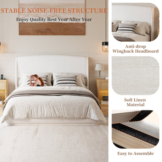 Upholstered Queen Bed Frame With Wingback Headboard, Low Profile Platform Bed With Padded Headboard, No Box Spring Needed, Easy Assembly, Elegant Linen Fabric, Beige