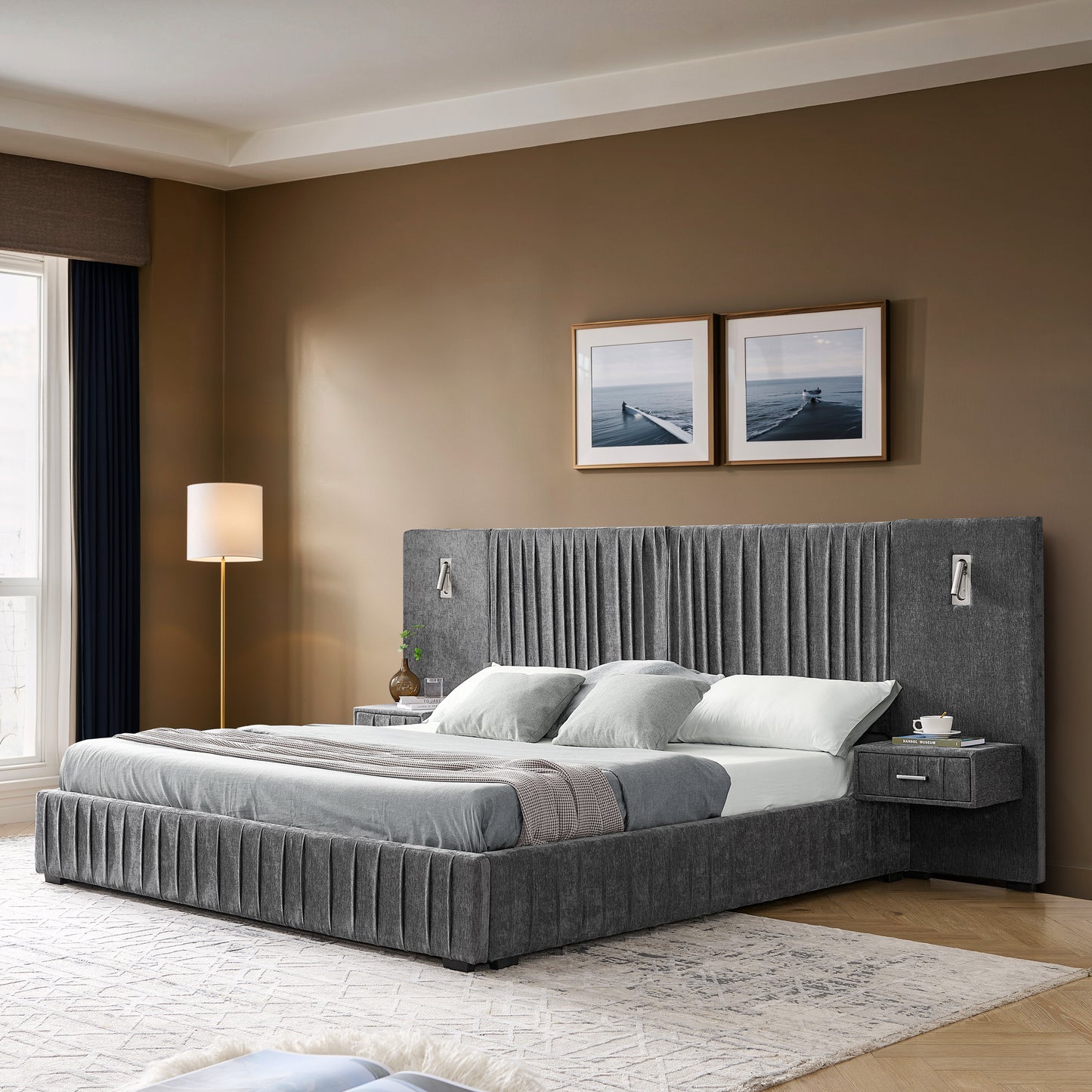 Queen Size Upholstered Bed Frame With Chenille Fabric With Pleated Design,Grounded Queen Size Platform Bed With Headboard And Solid Frame And The Bedside Table.No Box Spring Needed-DARK GREY