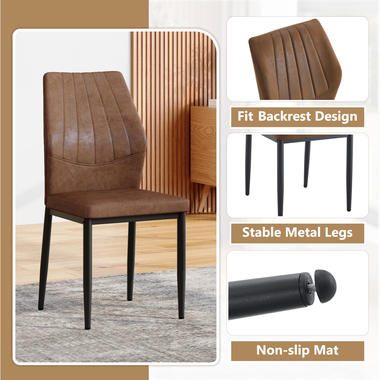 Set Of 4 Brown - And - Black Dining Chairs With Shell - Pattern, 37 Inches High Ergonomic Tech Fabric Backrest, Combines Comfort And Style