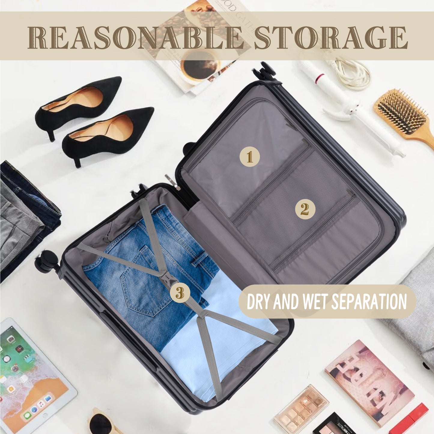 20 24 28 3 Pcs Set In ABS Spinner Wheel Luggage, Carry On Suitcase, With Cup Holder & USB Port & Phone Holder Black