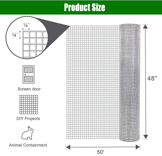 Hardware Cloth 0.25 Inch 48in X 50ft 23 Gauge, Hot Dip Galvanized After Welding Chicken Wire Fence Roll Garden Plant Welded Metal Wire Fencing Roll, Rabbit Cages Snake Fence