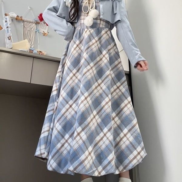 Faux Two-piece Plaid Design Long Sleeve Dress For Women