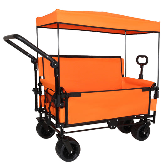 3- In- 1 Folding Wagon Cart With Bench Seat & Canopy & Storage 500lbs Heavy- Duty 180L Capacity All- Terrain Wagon For Camping Beach Sports & Garden Orange