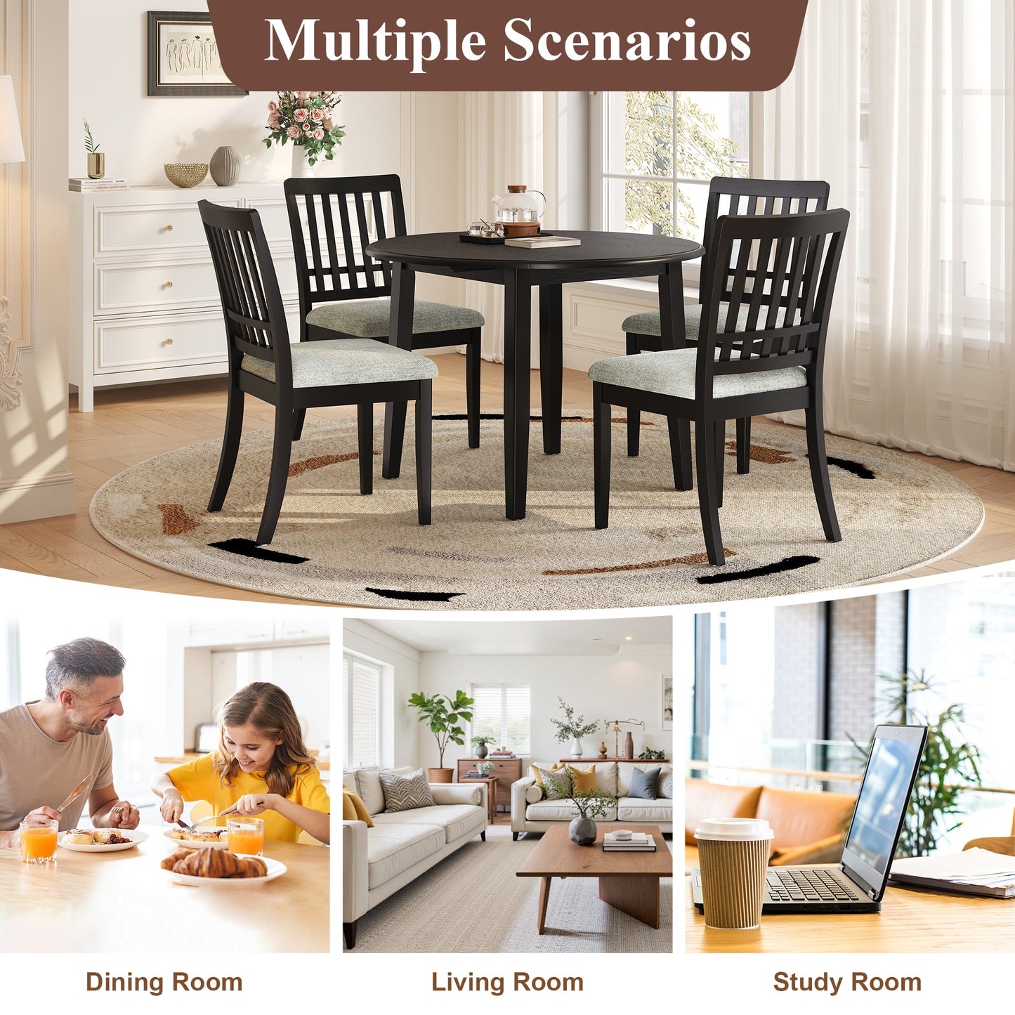 5-Piece Round Dining Table Set For 4 People, 1 Folding Wood Dining Table 4 Upholstered Chairs, Space-Saving Design For Small Apartments And Dining Areas - BLACK