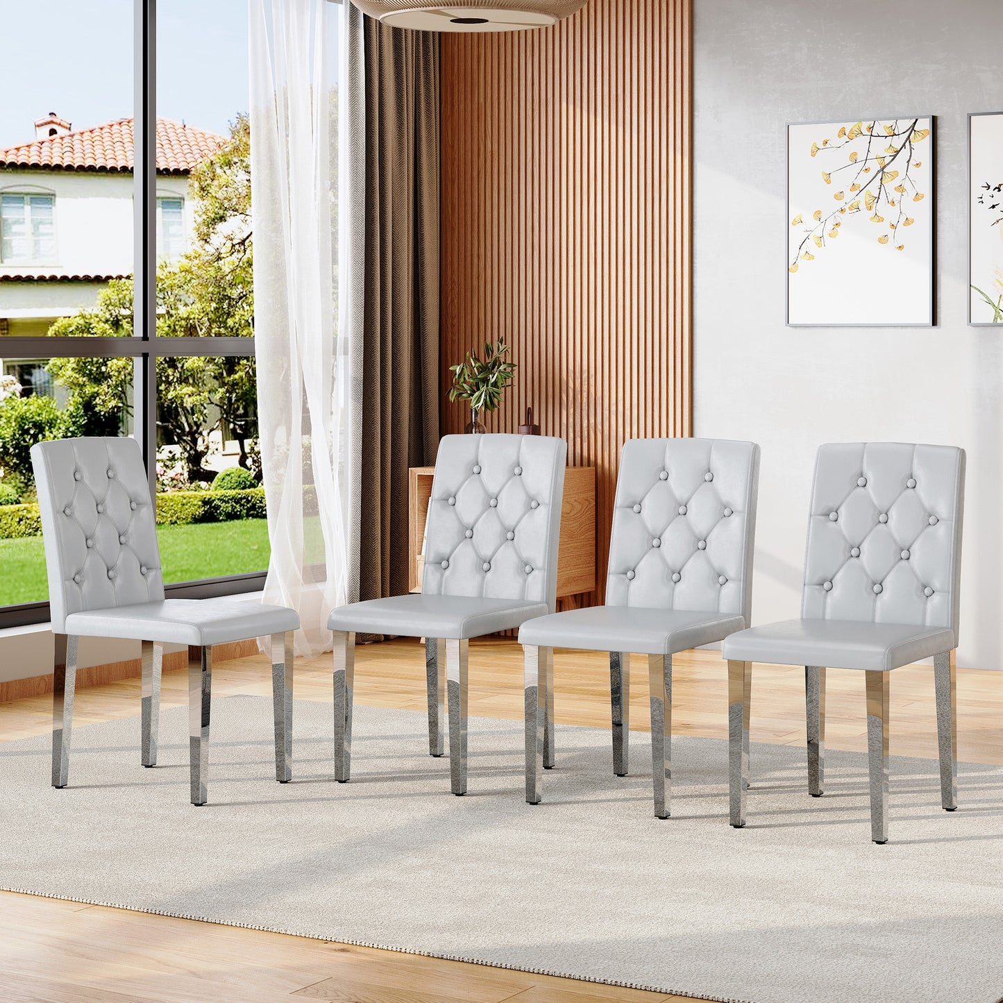 4-piece Set Of Light Grey PU Dining Chairs Ergonomically Designed Buckle Backrest, 35 Inches High, Silver Metal Legs, Combining Comfort And Texture.Suitable For Family Restaurants, Banquet Hall, Etc.