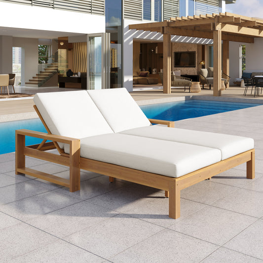 TREXM Outdoor Double Lounge Chair With 5-Position Adjustable Backrest For Each Seat Wood Patio Chaise Lounge With Removable Cushions For Patio Poolside Garden Light Teak Beige Cushion