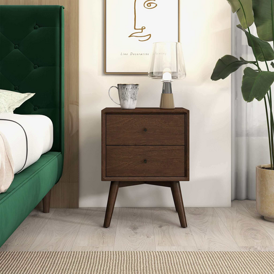 Mid-Century Modern Caroline Night Stand 2-Drawer Dark Brown Solid Wood 23.6 H X 17.7 W X 15.7 D For Bedroom, Closet, Dorm