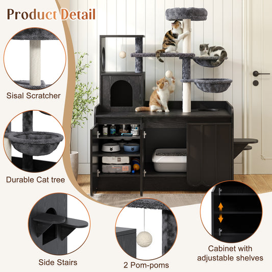 50.6 Cat Tree With Litter Box Enclosure, Cat Tower With Sisal Scratching Post And Storage Space, Hidden Litter Enclosure Furniture, All-in-One Modern Cat Condo With House, Hammock And Perch, Black