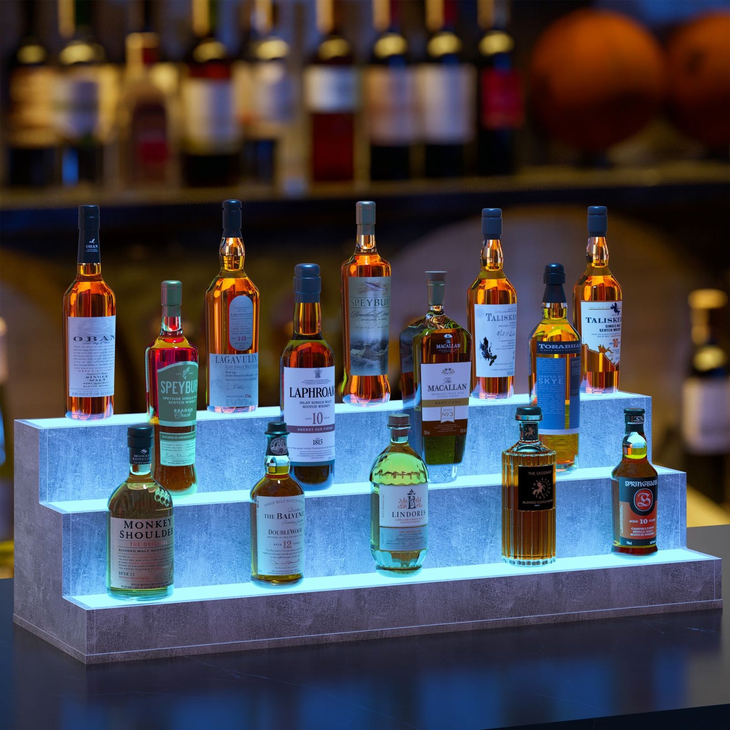 LED Lighted Liquor Bottle Display Shelf, 37 Inch Bar Display Shelf, DIY Illuminated Bottle Shelf With App & Remote Control, 3 Step Freestanding Holding Bottles For Home Bar, Party, Grey