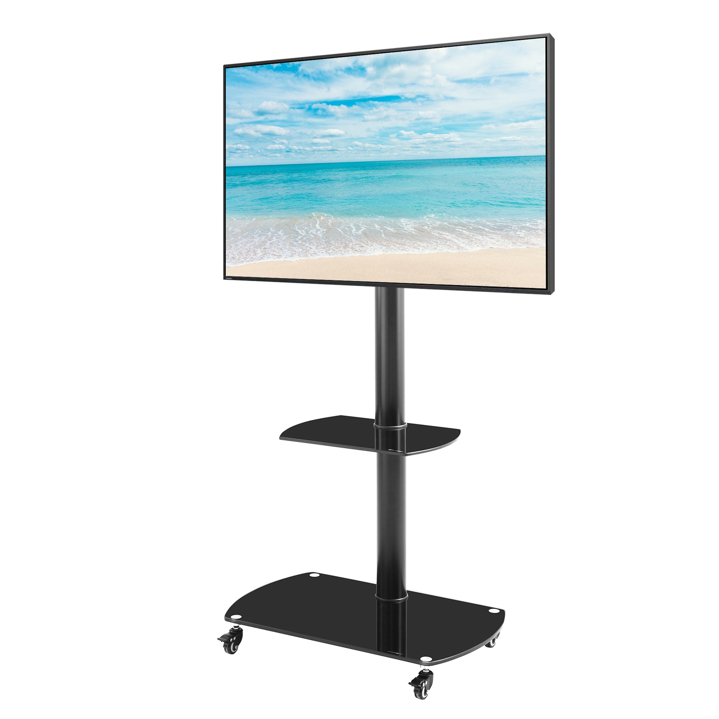 Height And Angle Adjustable Multi-Function Tempered Glass Metal Frame Floor With Lockable Wheels Mobile TV Stand, LCD Plasma TV Bracket 2 Tier Tempered Glass Shelves For Multiple Media Devices