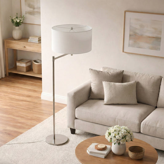Horizon Brushed Nickel Table Lamp With On Off Switch Curved Metal Base Linen Shade