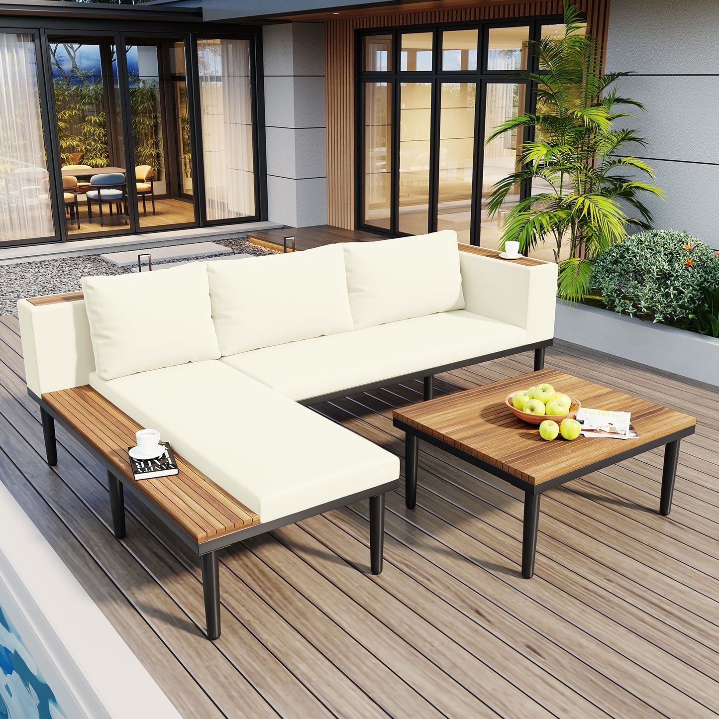 Luxury Patio Furniture Set With Removable Cushions And Coffee Table, L-Shaped Acacia Wood Sofa With Side Table, Outdoor Conversation Sectional Sofa For Backyard, Porch, Beige