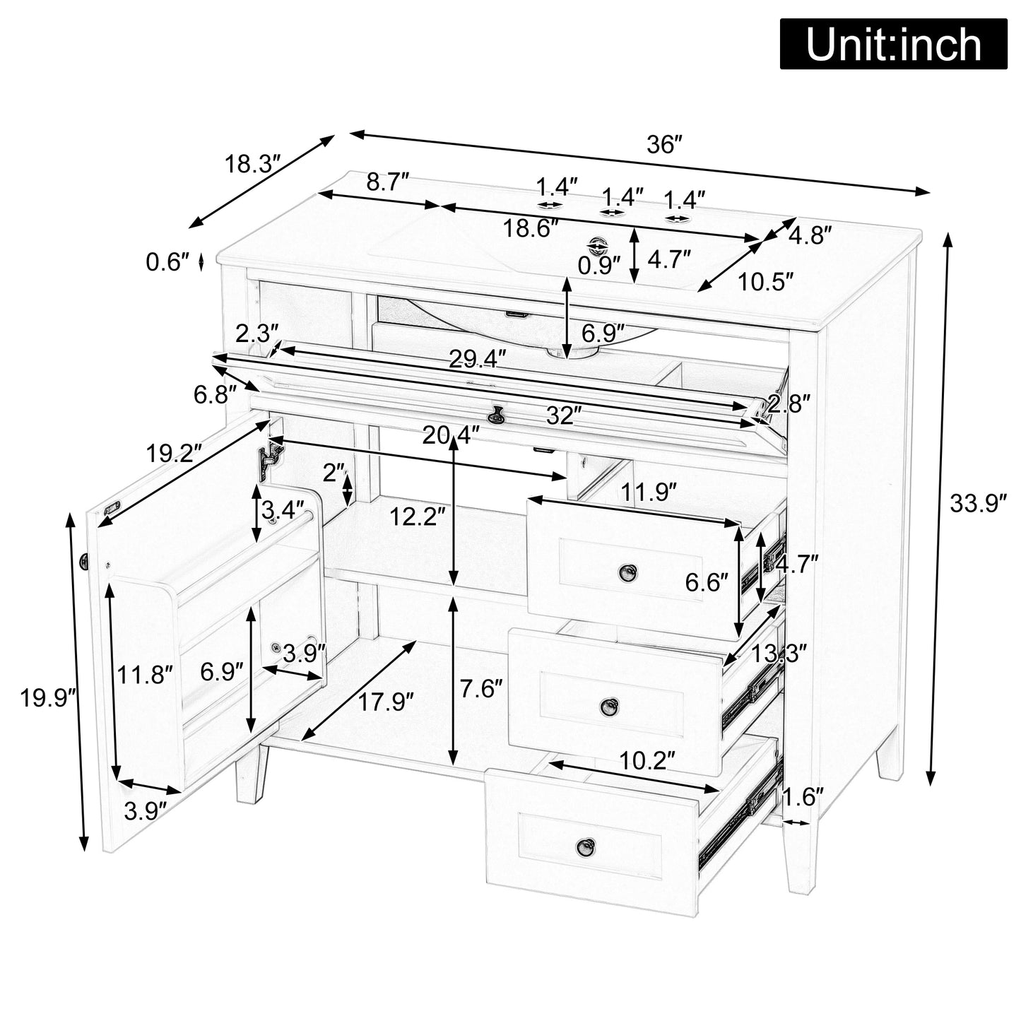 36-Inch Green Bathroom Vanity With Sink, Modern MDF And Rubberwood Cabinet With 3 Drawers And Adjustable Shelf, Freestanding Vanity For Bathroom Storage And Organization Left Door
