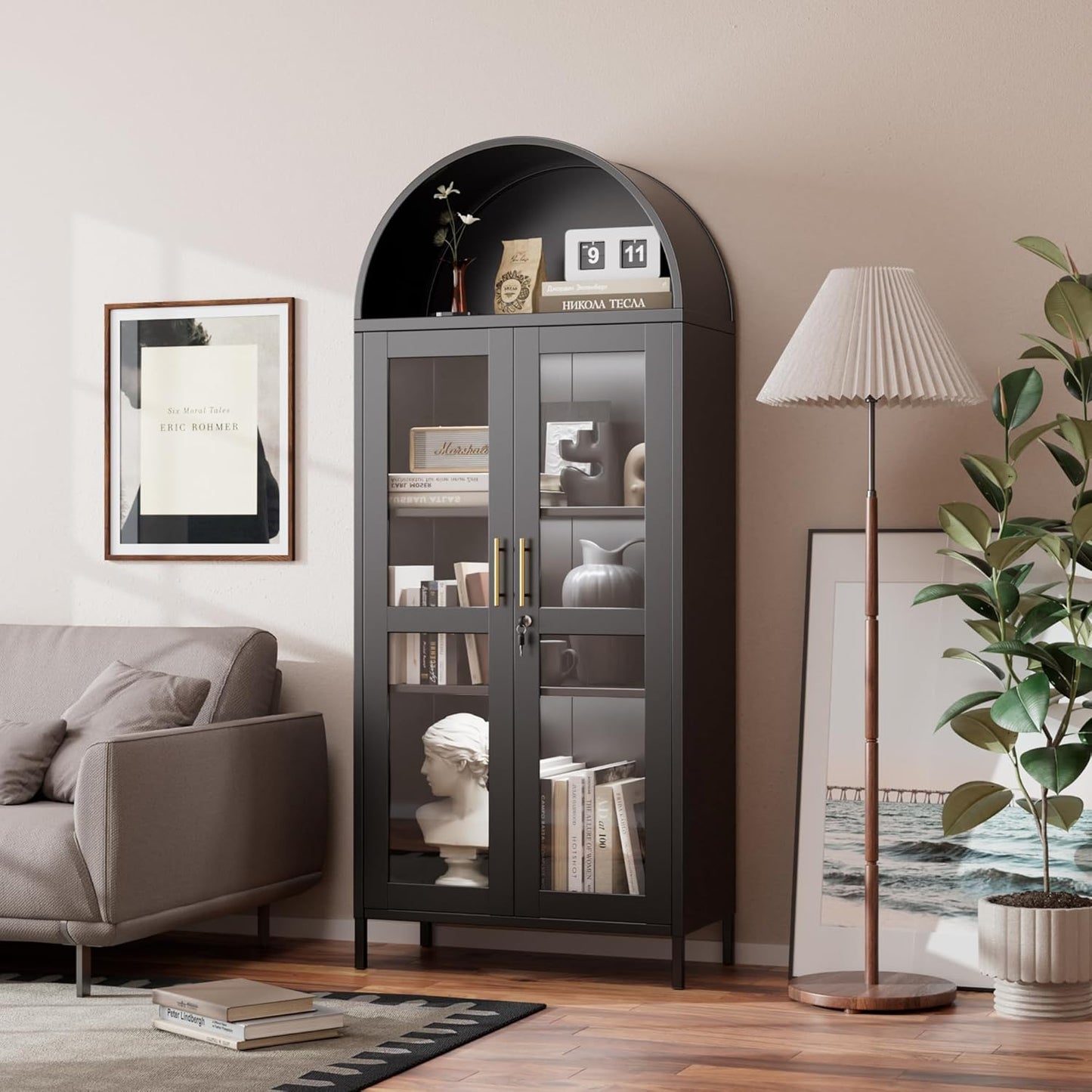Metal Arched Cabinet With LED Strips, Arch Display Bookcase With Glass Doors, Modern Freestanding Kitchen Pantry Storage Cabinet For Living Room, Dining Room, Home Office, Assembly Required Black