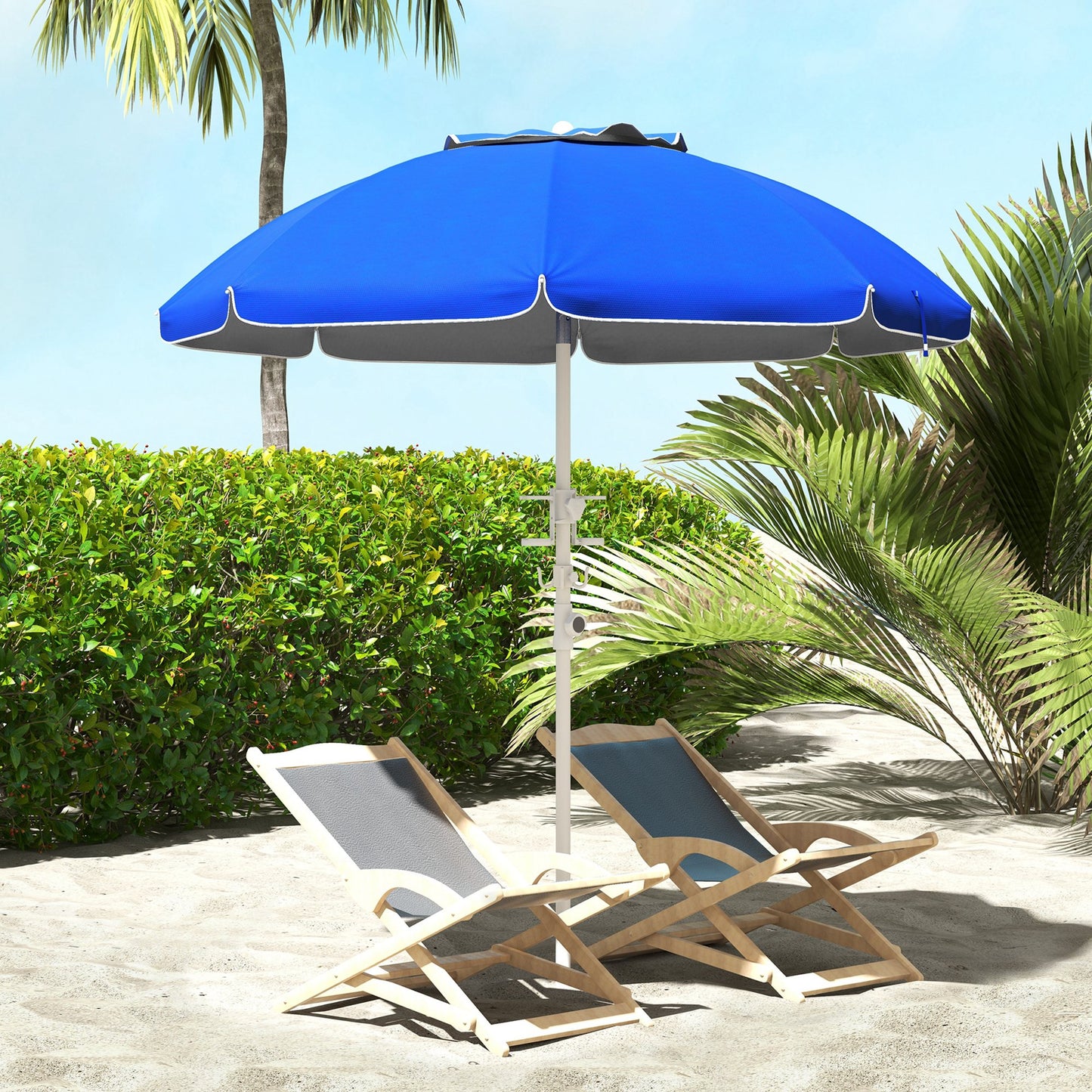 5.7' Beach Umbrella For Travel With Tilt, Adjustable Height, 2 Cup Holders, Hooks, Vent, Ruffles, Sapphire Blue