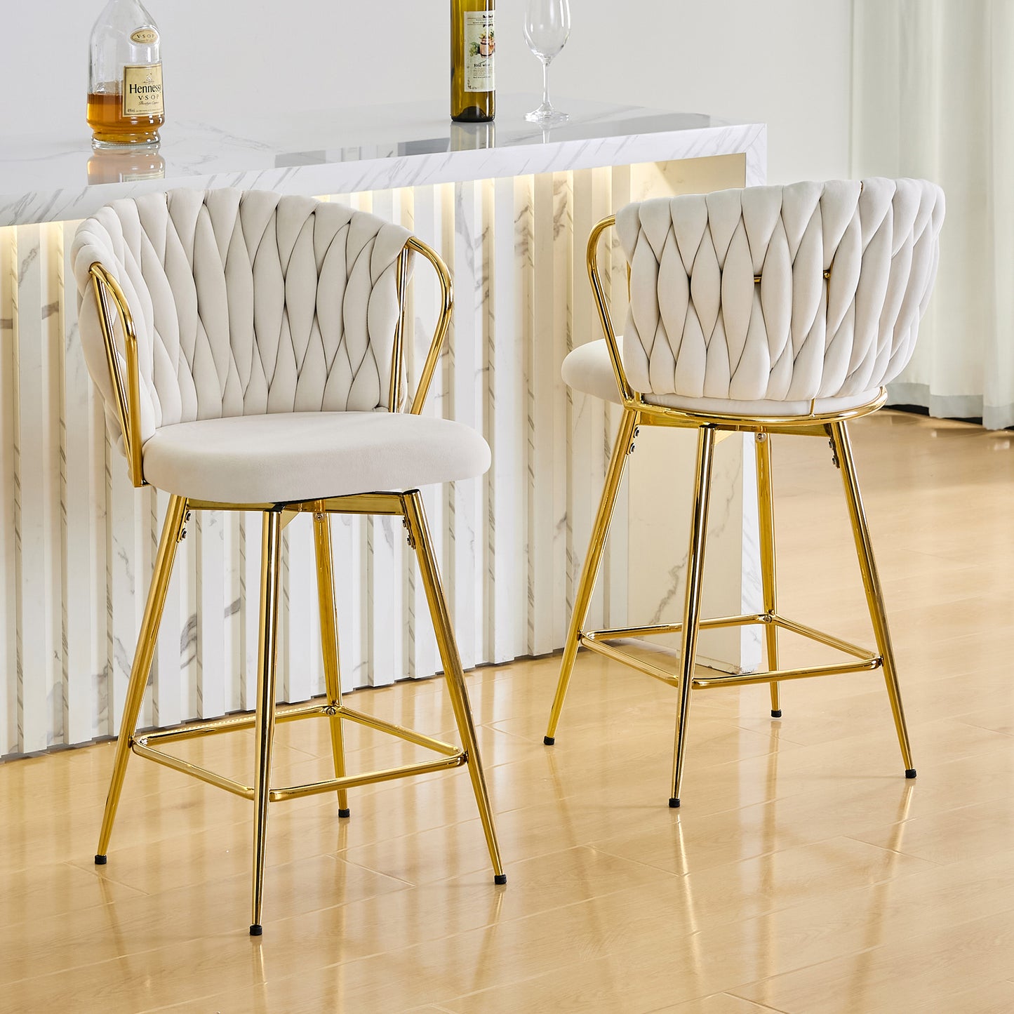 Set Of 2 Modern Velvet Braided Bar Stool With Metal Frame, Upholstered Counter Height Stool With Woven Rope Backrest For Kitchen Island, Home Bar Or Dining Area -Beige