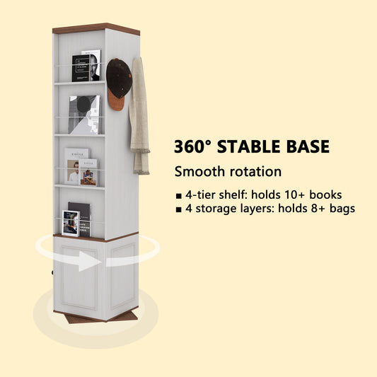 360 Rotating Storage Cabinet With Full-Length Mirror, Total Of 8 Open Shelves On Both Sides, One Side Hooks, 1 Door With A Shelve, For Living Room, Entryway, Bathroom-Antique White