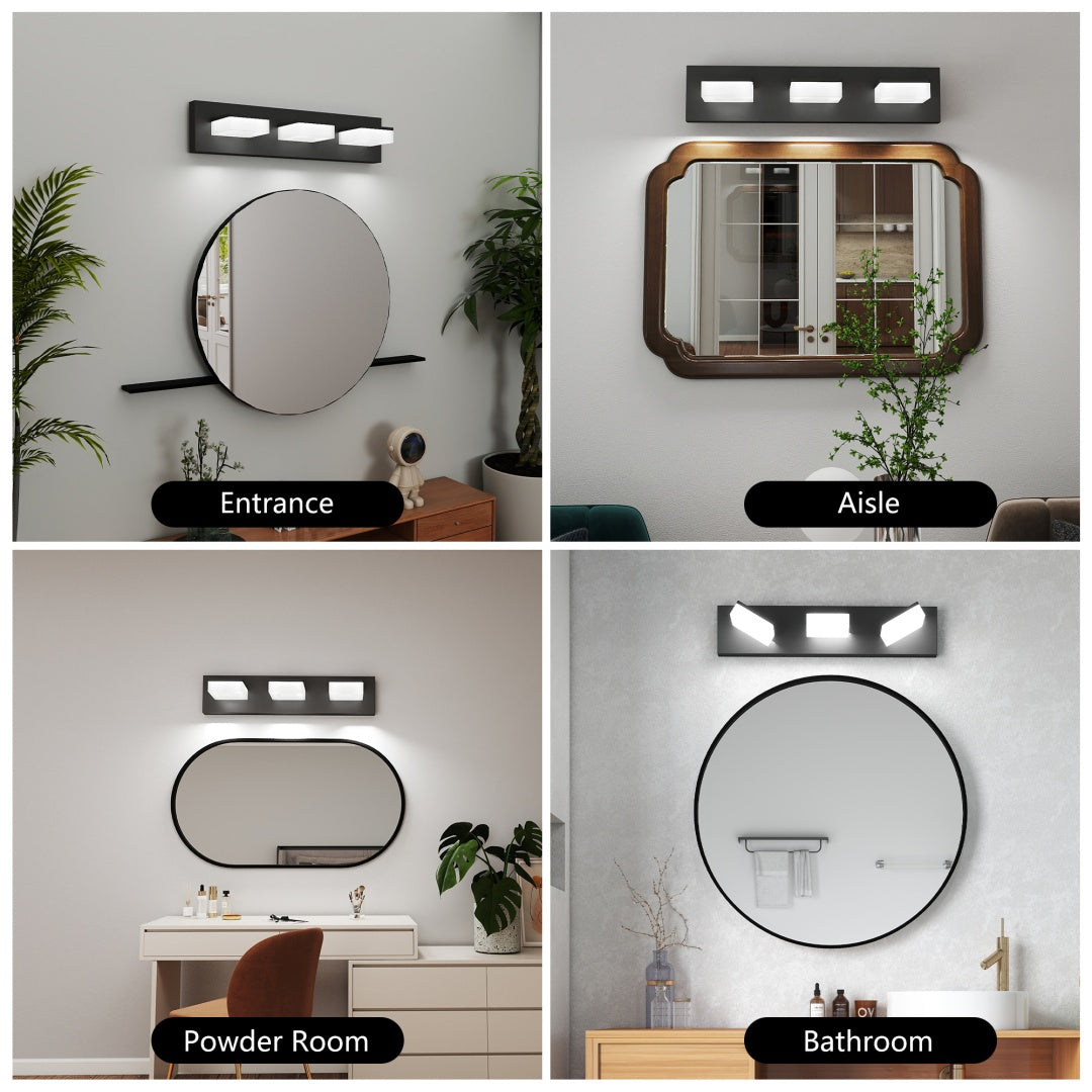 LED Modern Bathroom Vanity Light Fixtures 3-Light, 20-Inch Matte Black Modern Acrylic Bathroom Wall Lighting Fixtures Over Mirror Cool White 6000K