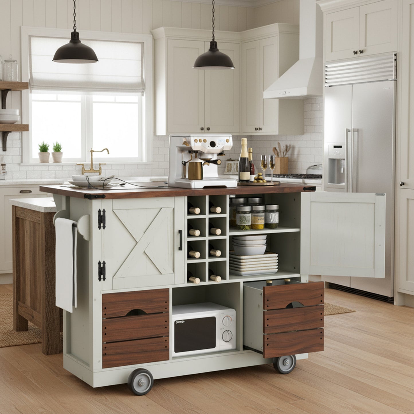 K&K 54 Farmhouse Kitchen Island With Drop Leaf, Power Outlet, Kitchen Storage Cart With 2 Doors, 2 Drawers, Rolling Kitchen Island On 4 Large Wheels With Spice Rack For Kitchen, Dining Room, White