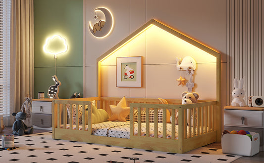 Twin Floor Bed With High Rails, Wooden Montessori Bed With Light For Kids, Boys And Girls,NaturalExpect Arrival Date 2026 3 16