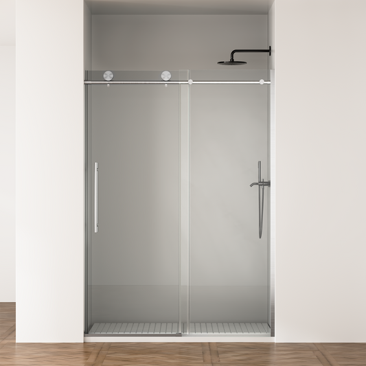 Door 50-54 In W X 75 In H Frameless Shower , Sliding Shower Door With 5 16 8mm Clear Tempered Glass Shower Door, Easy To Clean Bathroom, Silent Soft-Close Design, Easy To Install,Brushed Nickel